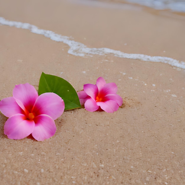 Photo deux fleurs sur le sable avec une feuille verte