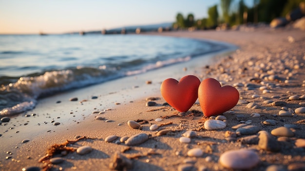 Deux formes de cœur de couleur rouge sont placées sur le côté de la mer