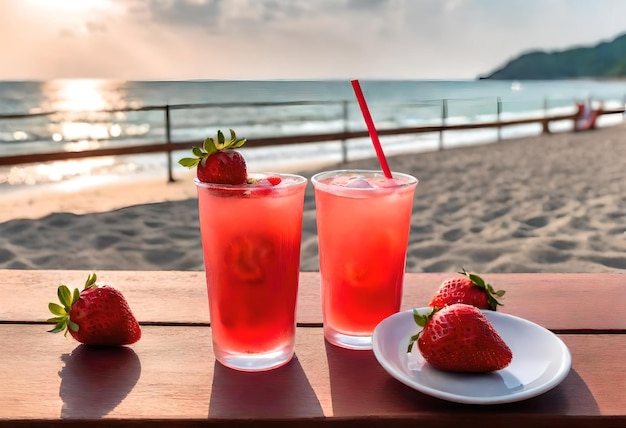 deux fraises et une boisson de fraise assis sur une table sur une plage