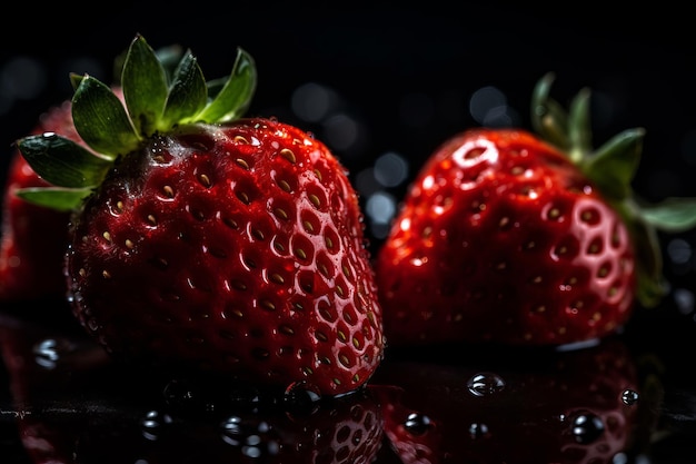 Deux fraises sur fond noir avec le mot fraise sur le dessus.