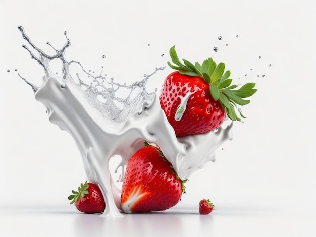 Photo deux fraises tombant dans le lait splash isolé sur fond blanc