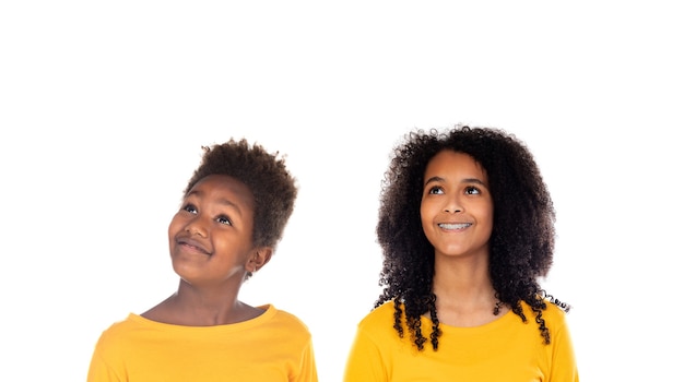 Deux frères et sœurs afro isolés sur fond blanc