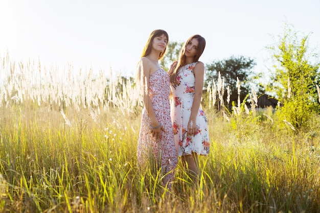 Deux frères et sœurs filles romantiques restent dans l'herbe haute en robes à fleurs