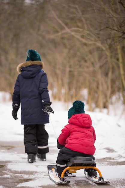 Deux frères et sœurs marchant dans un parc d'hiver Enfants à l'extérieur Frère tirant un traîneau avec un tout-petit garçon