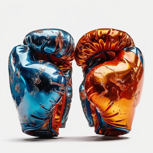 Deux gants de boxe orange et bleu se font face.