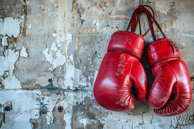 Photo deux gants de boxe rouges accrochés à un mur.