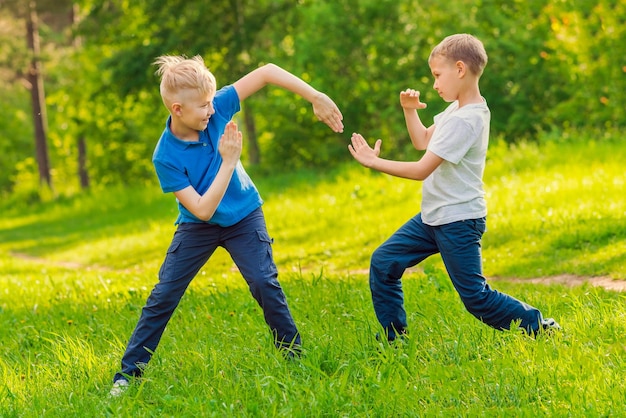 Deux garçons blonds pratiquant les arts martiaux dans un parc d'été verdoyant