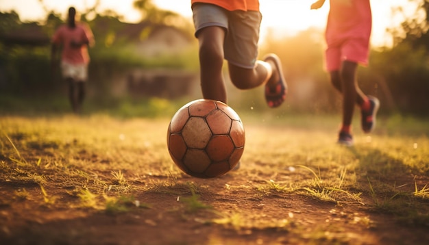 Deux garçons frappent un ballon de football sur un terrain en herbe généré par l'intelligence artificielle