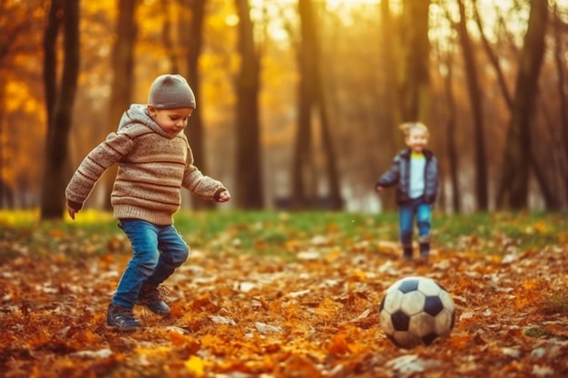 Deux garçons jouant au football dans la forêt d'automne