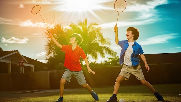 Photo les deux garçons avec des raquettes de badminton à l'extérieur