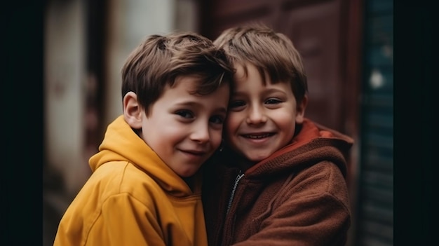 Deux garçons s'étreignant, dont l'un est le mot "amour"