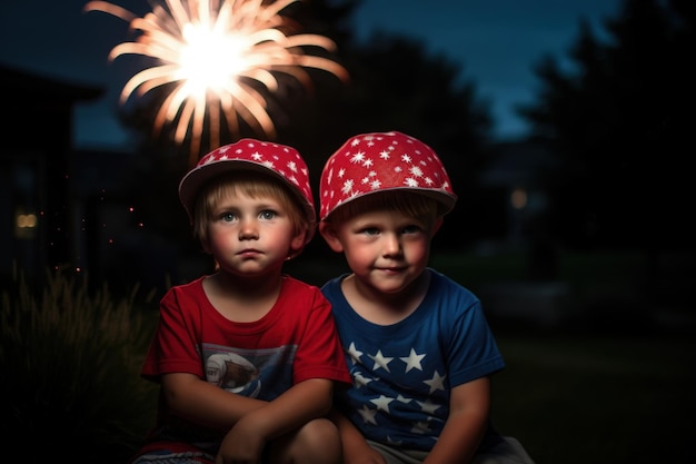 Deux garçons sont assis devant des feux d'artifice éclairés par des étoiles.