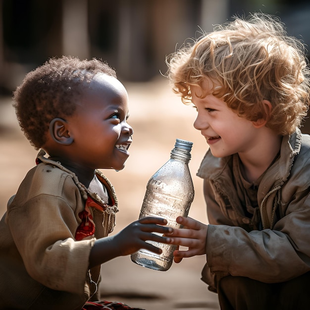 deux garçons sourient et un tient une bouteille d'eau.