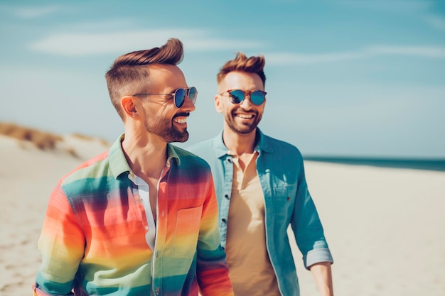 Deux gars gays blancs élégants rient et marchent le long de la plage couple LGBT IA générative