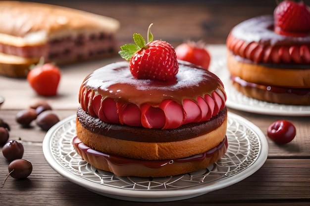 Deux gâteaux sur une assiette avec une fraise sur le dessus