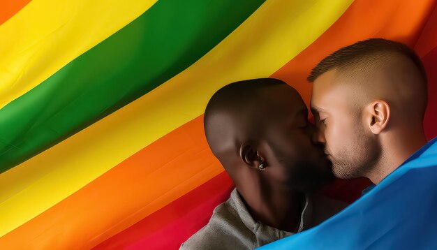 Deux gays qui s'embrassent sous le drapeau arc-en-ciel