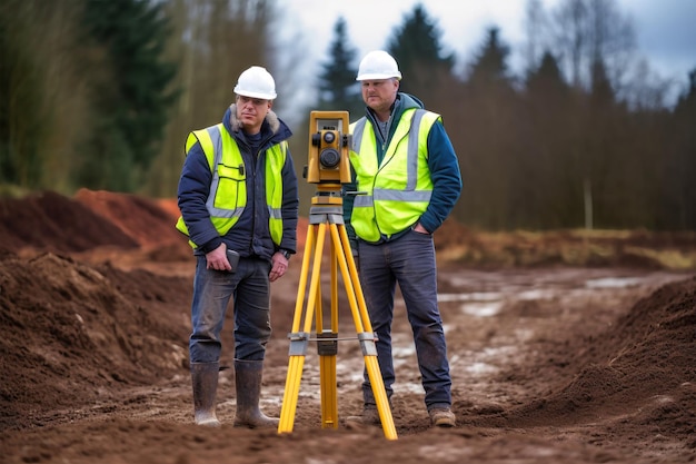 Deux géomètres ingénieurs de la construction en gilets de sécurité debout près d'un dispositif d'arpentage probablement un niveau ou un théodolite tout en travaillant sur un projet