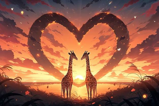 deux girafes amoureuses sur le fond d'un ciel au coucher du soleil avec des nuages et un cœur