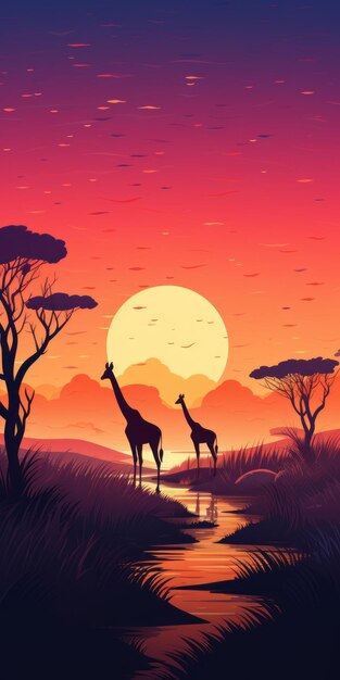 deux girafes gracieusement debout dans la soirée sur les vastes plaines de la savane. cette illustration vibrante capture l'essence des paysages de rivières romantiques et des paysages épiques. la palette de couleurs chaudes une