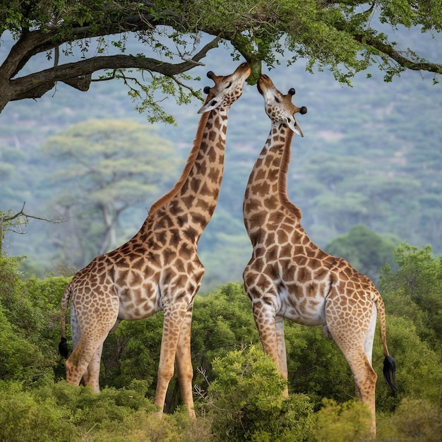 Photo deux girafes se tiennent dans une forêt avec des arbres et des buissons