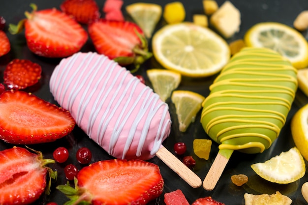 Deux glaces sur bâtonnets fraise et citron