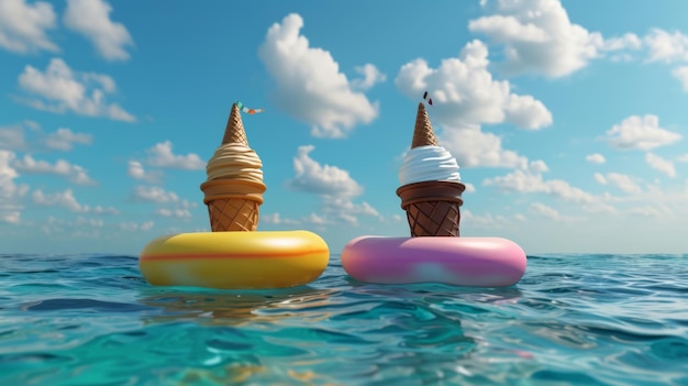 Deux glaces, un chocolat et une vanille flottant dans l'océan sur des radeaux gonflables.