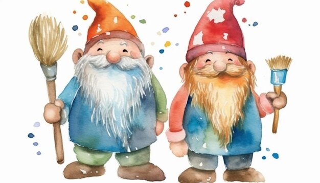 Photo deux gnomes avec des balais et des chapeaux se tiennent l'un à côté de l'autre