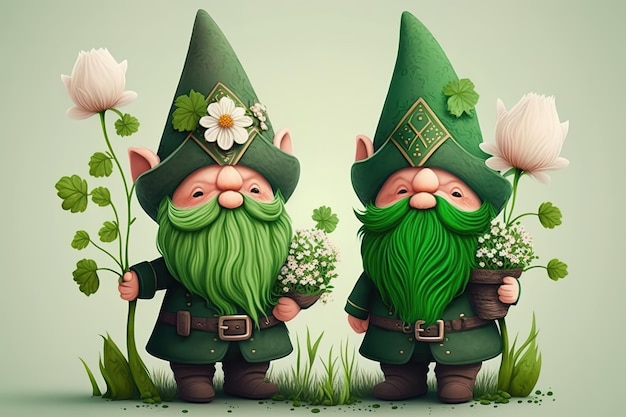 Photo deux gnomes avec des chapeaux verts et un chapeau vert avec une barbe verte et un chapeau vert avec une barbe verte et un chapeau vert.