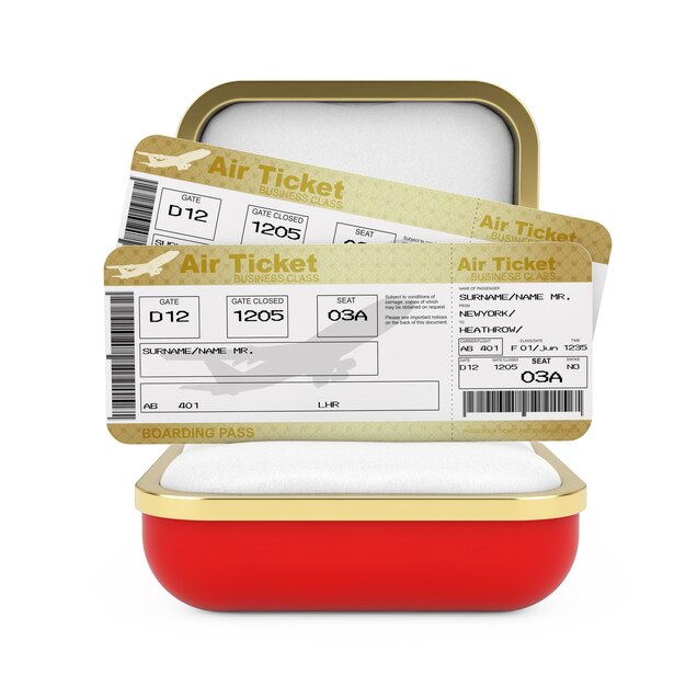 Deux Golden Business ou First Class Airline Boarding Pass Fly Air Tickets dans la boîte-cadeau rouge sur fond blanc. Rendu 3D