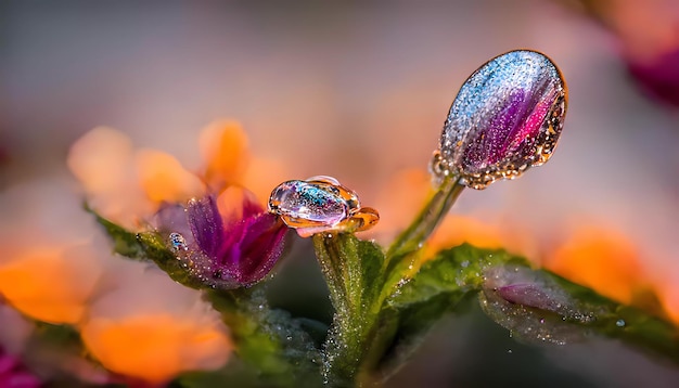 Deux gouttelettes d'eau sur une tige de fleur avec le mot amour sur le dessus