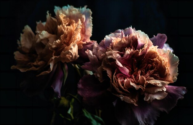 Deux grandes fleurs sont représentées sur un fond noir