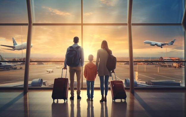 Deux grandes valises de voyage et une famille sur Airport Generative AI