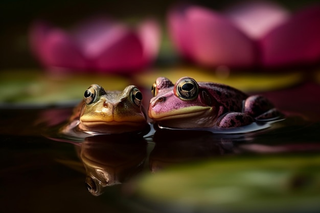 Photo deux grenouilles dans un étang à fleurs roses