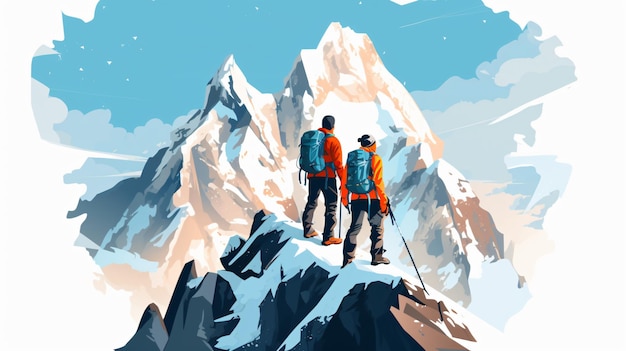 Photo deux grimpeurs montent au sommet d'une montagne enneigée.