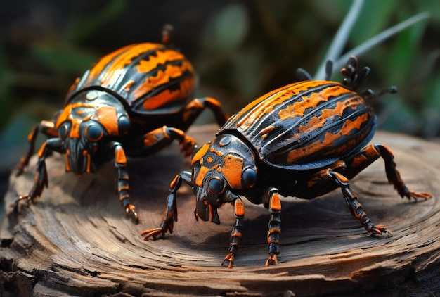 Deux gros insectes noirs et oranges assis sur de la terre