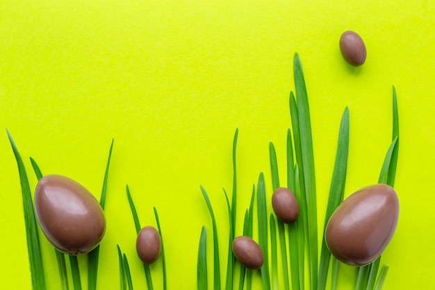 Deux gros et de nombreux petits œufs en chocolat. Oeufs sur l'herbe et sur fond jaune vert. Fête de Pâques. Place pour le texte