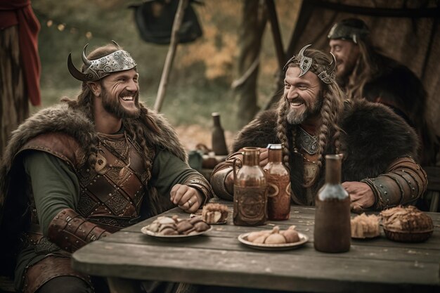 Deux guerriers vikings qui se saoulent .