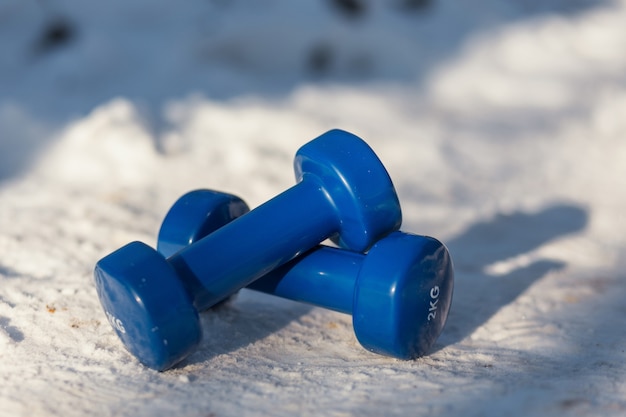 Deux haltères se trouvent sur la neige