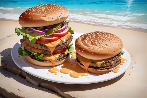 Deux hamburgers sur une assiette avec une plage en arrière-plan