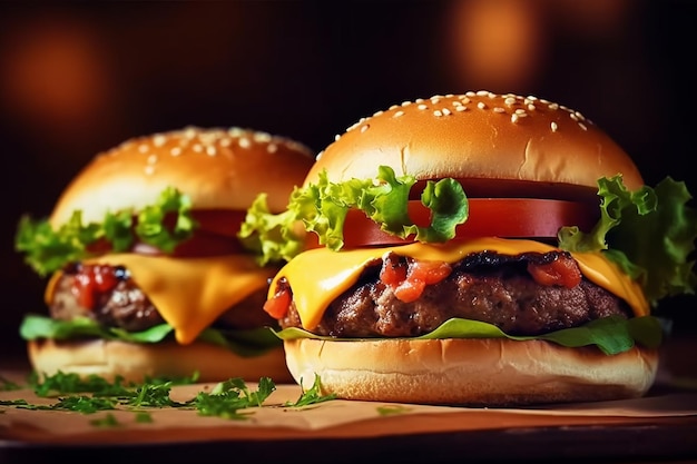 Deux hamburgers avec du fromage dessus, l'un avec de la tomate, l'autre avec une tranche de tomate dessus.