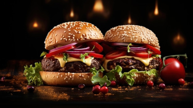 Deux hamburgers sur fond sombre