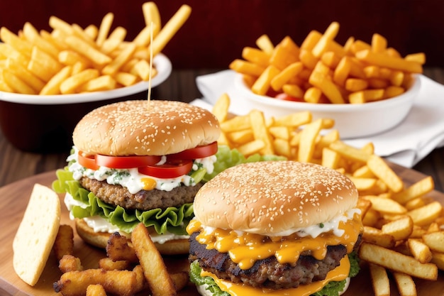 Deux hamburgers avec frites sur une table