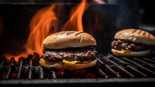 Deux hamburgers sur un gril avec une flamme derrière eux