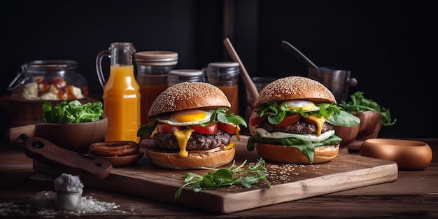 Deux hamburgers sur une planche en bois avec une bouteille de moutarde et une bouteille de ketchup.
