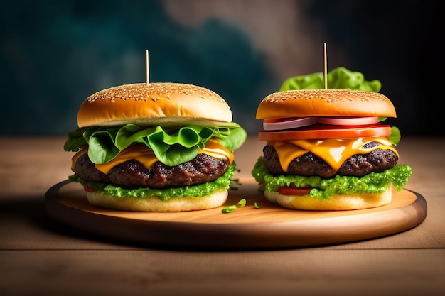 Deux hamburgers sur une planche de bois avec un fond bleu