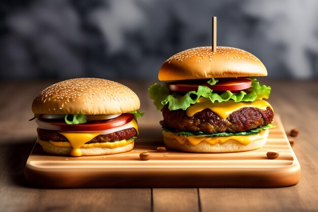 Deux hamburgers sur une planche en bois avec un qui dit "hamburgers"