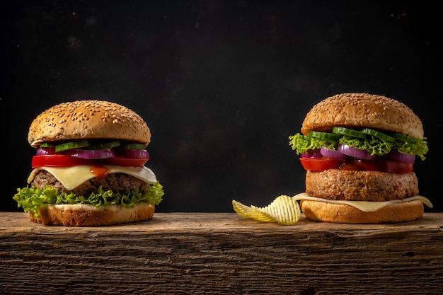 Deux hamburgers savoureux frais sur table rustique en bois.