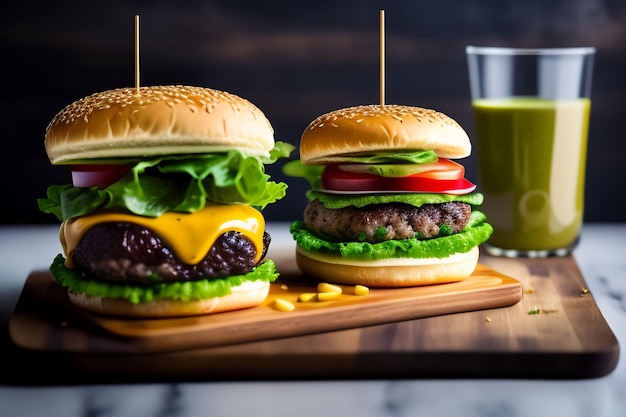 Deux hamburgers avec un smoothie vert à côté d'eux.