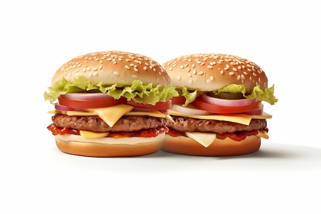 Deux hamburgers sont sur un fond blanc avec les mots burger sur le dessus