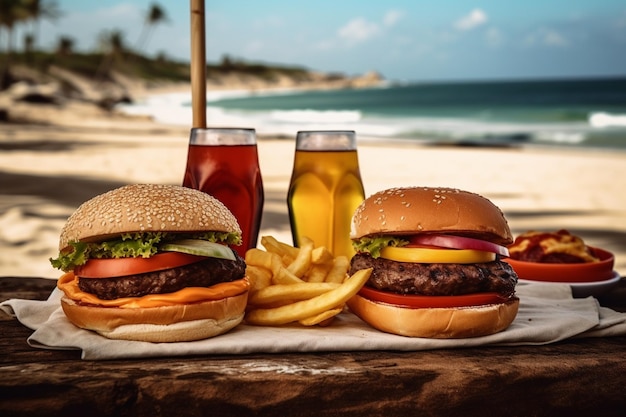 Photo deux hamburgers sur une table avec de la bière et une plage en arrière-plan